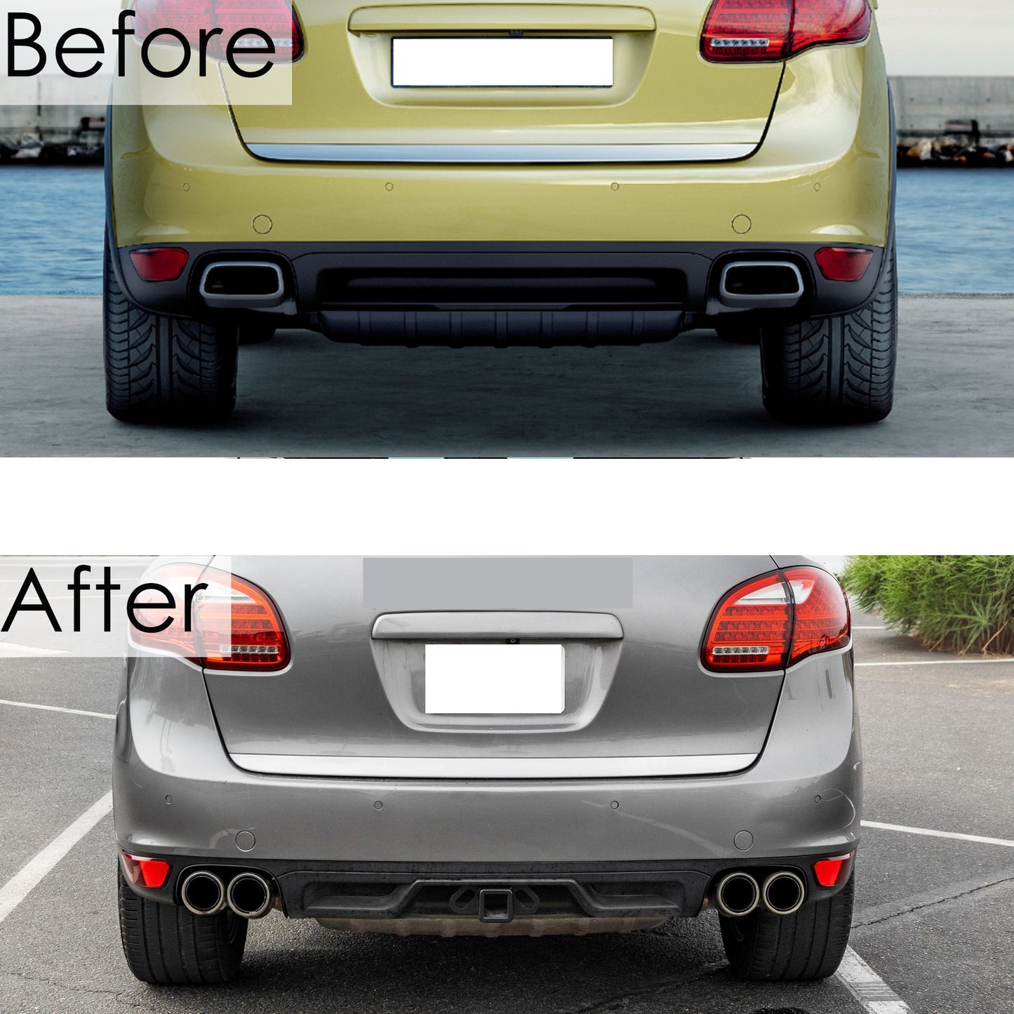 Gloss black exhaust tips and tailpipes for Porsche for Cayenne 2011, 2012, 2013, and 2014 models. Q