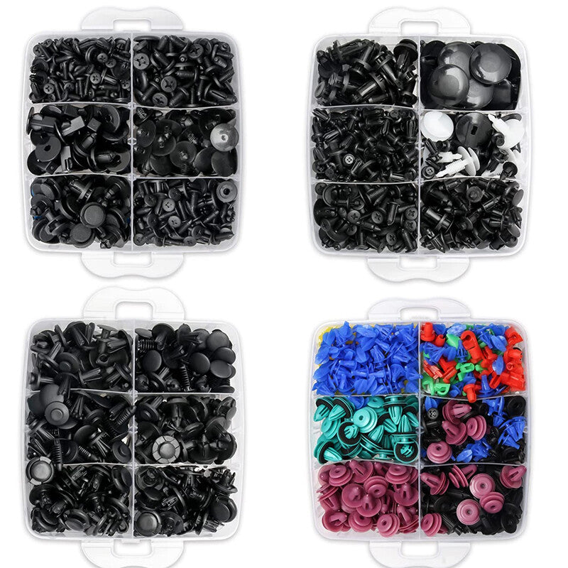 1295-piece set of universal automotive body rivets, bumper panel fasteners, and clips with tools. n