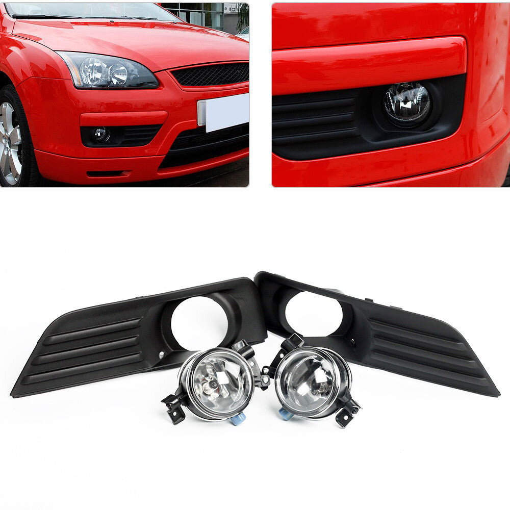 L+R Front Bumper Fog Lights Cover Grille + Lamp Set for Ford Focus 2005-2007