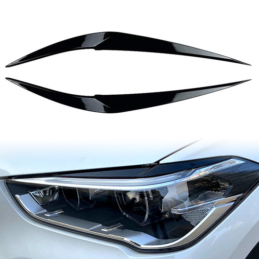 Pair Gloss Black Headlight Eyebrow Eyelid Cover Trim for BMW X1 F48 2016-2020