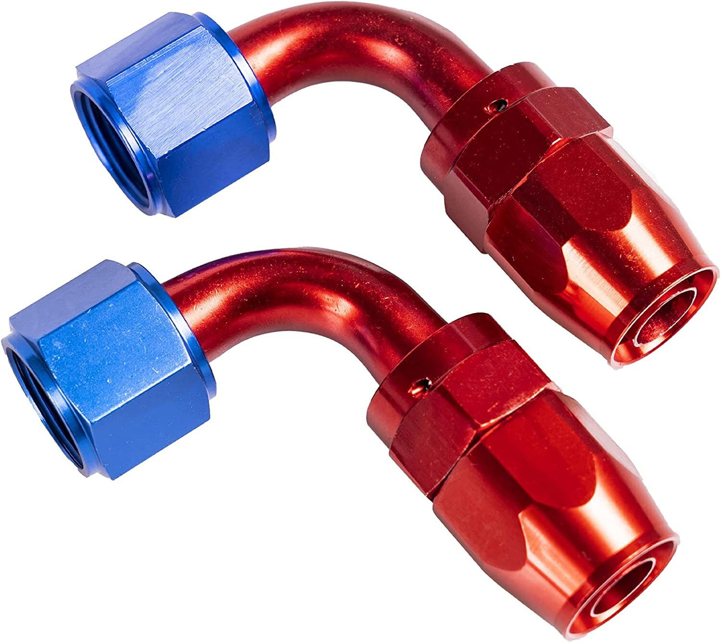 Red and blue AN6 90-degree swivel hose end adapter for 6AN fuel CPE hoses