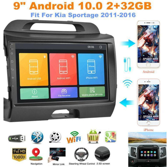 9 2Din Car Stereo Radio 2+32GB Carplay Android GPS Fit for Kia Sportage 2011-16