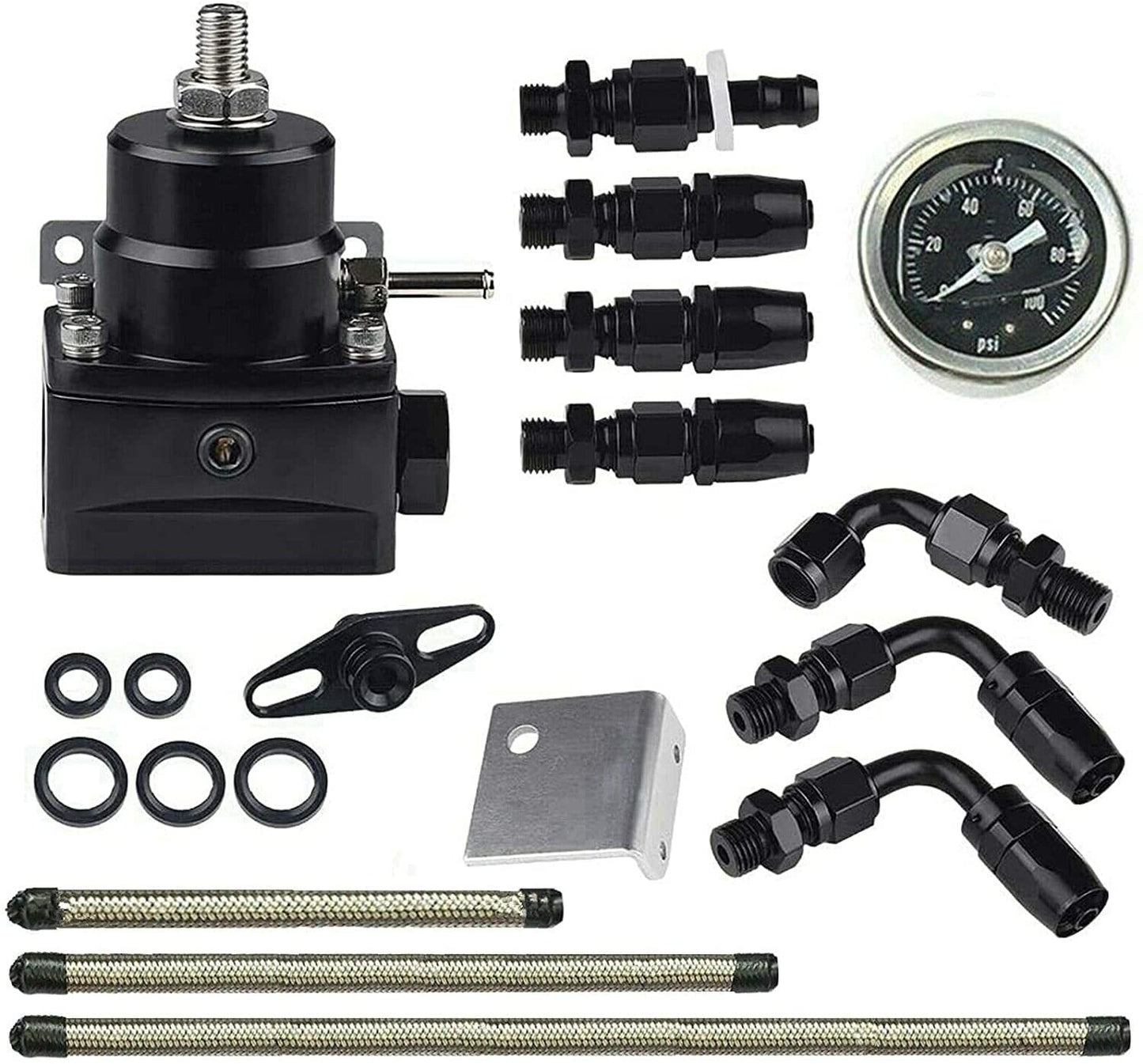 Universal 0-100 Psi Gauge -6AN Black Adjustable Fuel Pressure Regulator Kit