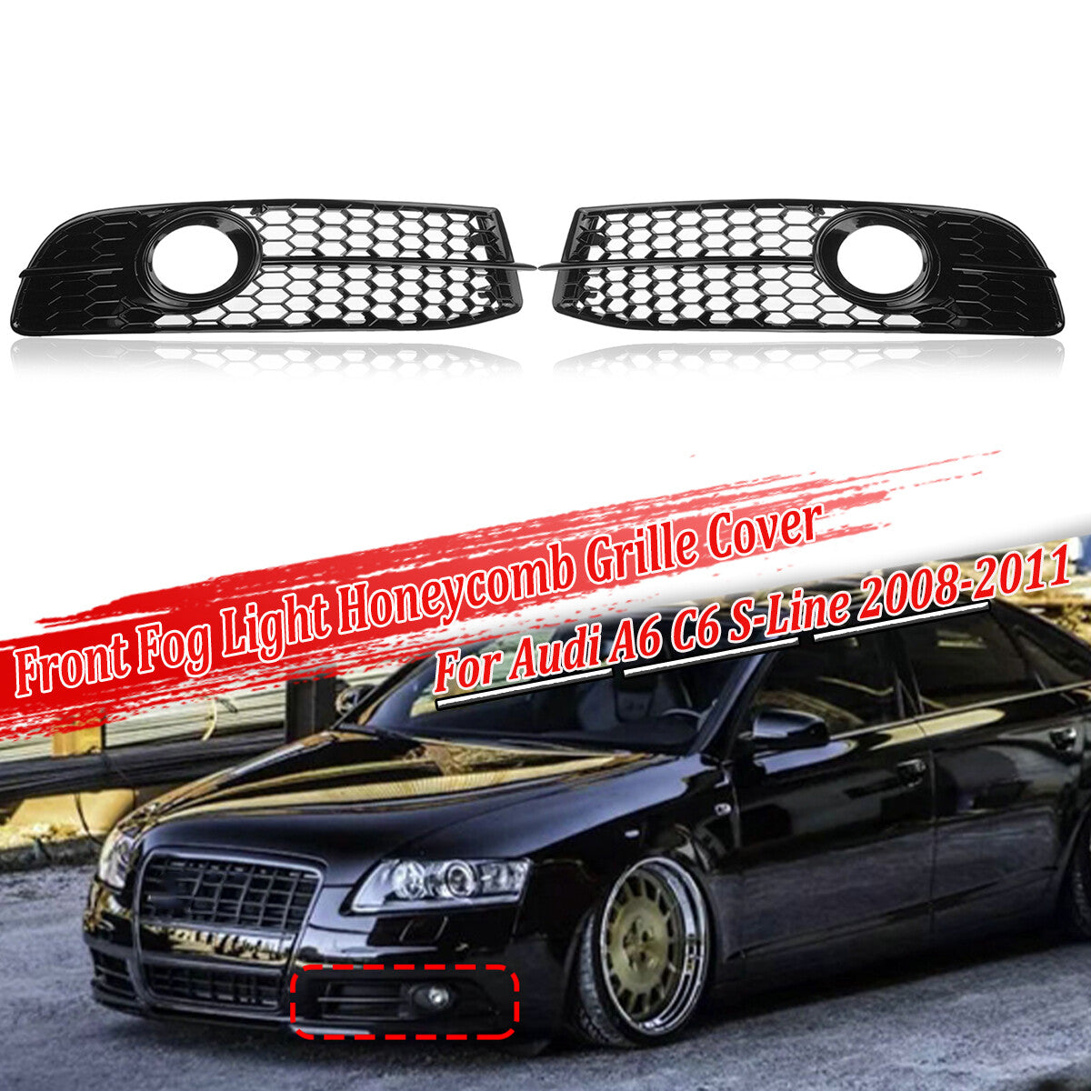 All Black Honeycomb Fog Light Grille Grill Cover for Audi A6 C6 S-Line 2008-2011