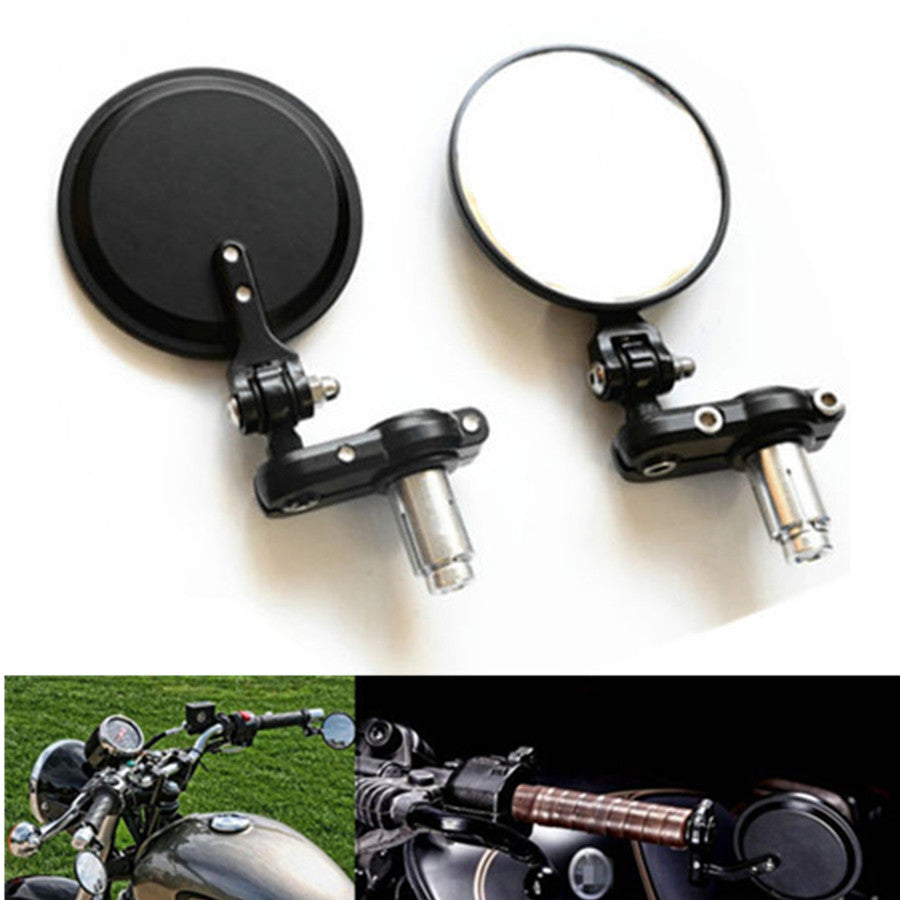 3 Round Black 7/8 Folding Handle Bar End Side Mirror Cafe Racer Bobber Custom