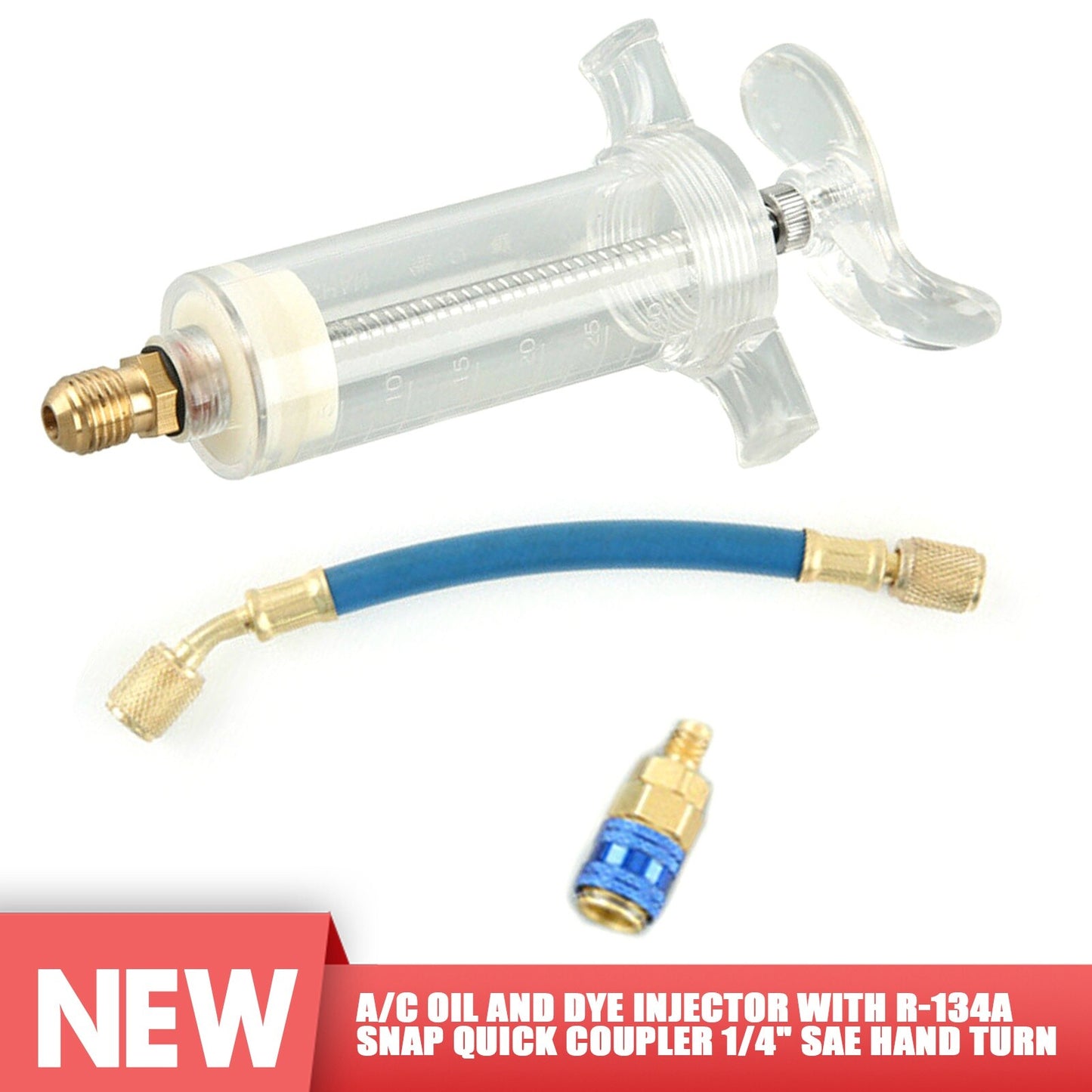 Air conditioning AC oil and dye injector with R-134a Snap quick coupling 1/4 SAE manual transfer Q