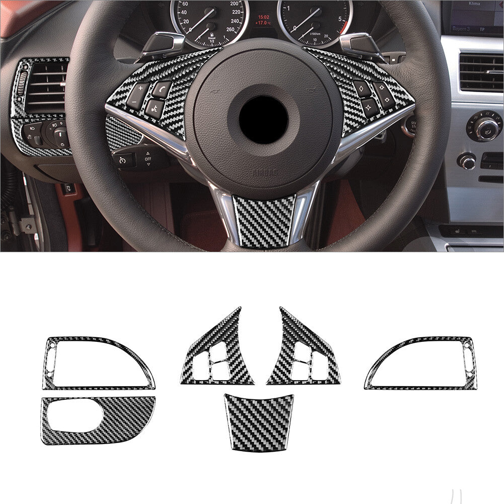 6x Carbon Fiber Steering Wheel Set Cover Trim for BMW 6Series E63 E64 2004-2010