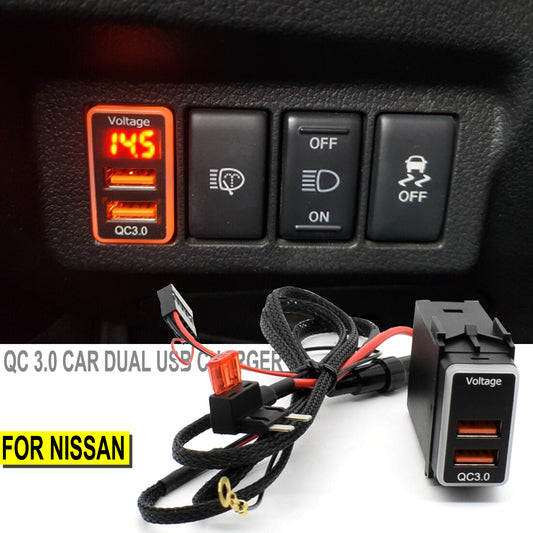 QC3.0 Quick for Charger Dual-USB Phone Adapter Port LED Digital Voltmeter for Nissan
