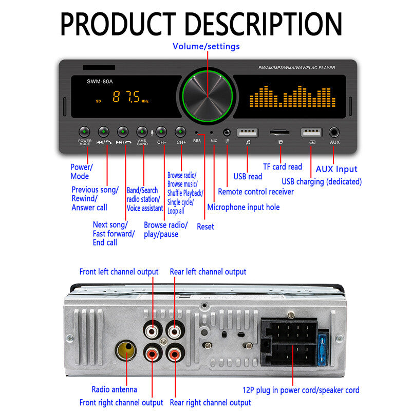 1Din MP3 Bluetooth Player Stereo Audio In-Dash Radio FM/AM AUX Receiver USB Set v
