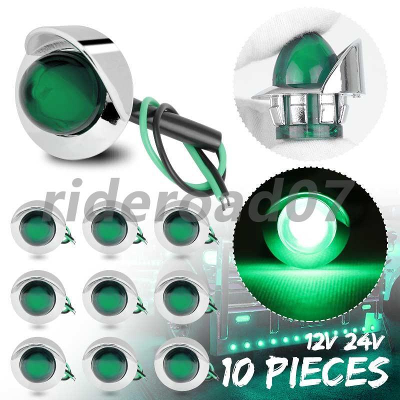 10Pcs Green LED Bullet Clearance Side Marker Lights Round For Truck Trailer RV