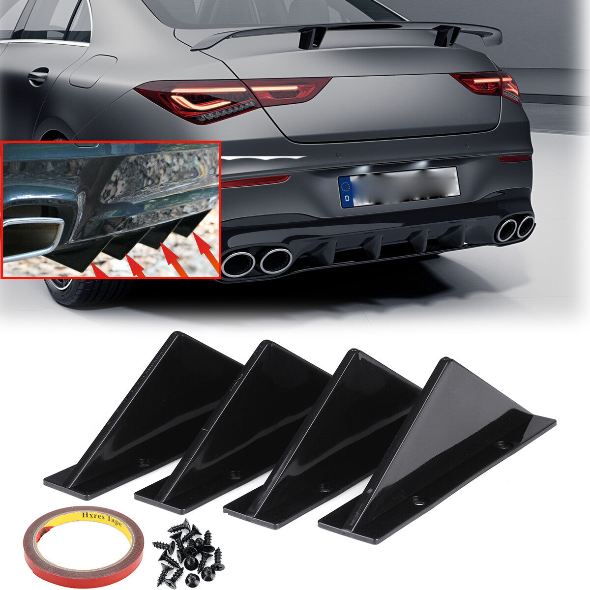 4-piece universal rear bumper diffuser boiler lip separator shark fin trim cap