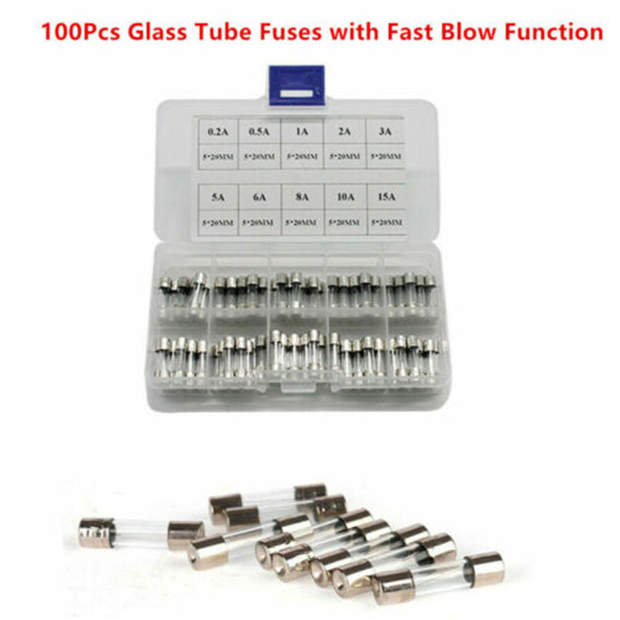 100-piece pack of 5x20mm fuses, quick-blow 0.2A-15A, 10 types of automotive glass tube fuses, various kits available. n