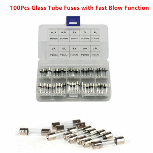 100-piece pack of 5x20mm fuses, quick-blow 0.2A-15A, 10 types of automotive glass tube fuses, various kits available. n