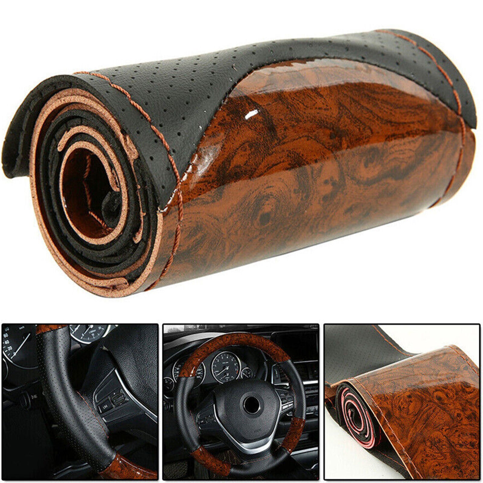 Wood Grain Car Steering Wheel Cover Breathable Leather Anti-slip Accessories 1pc