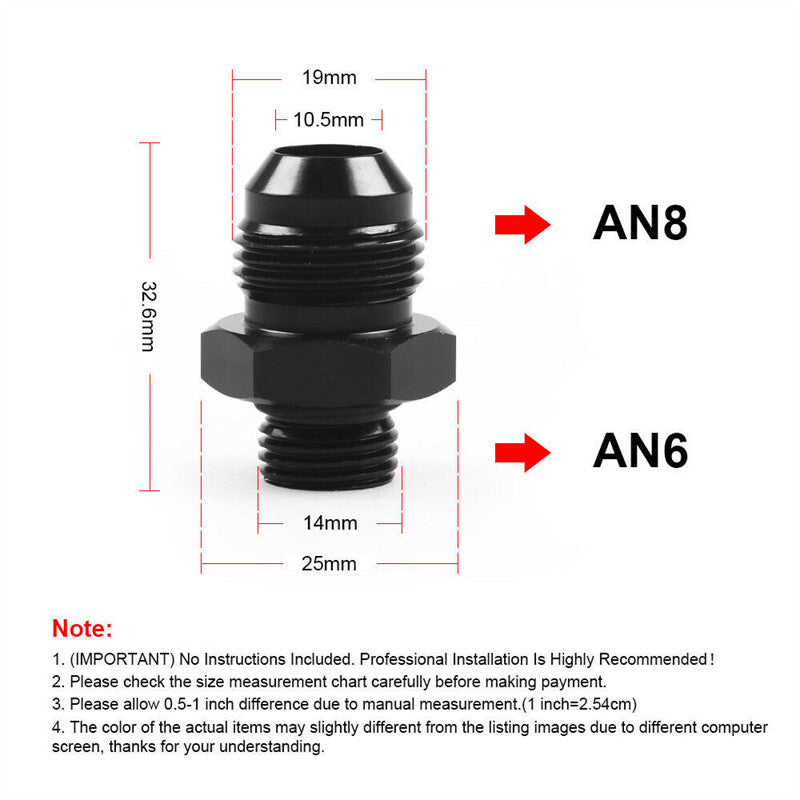 ORB-6 O-ring Boss AN6 6AN to AN8 8AN Male Adapter Fitting Aluminum Black 1pc