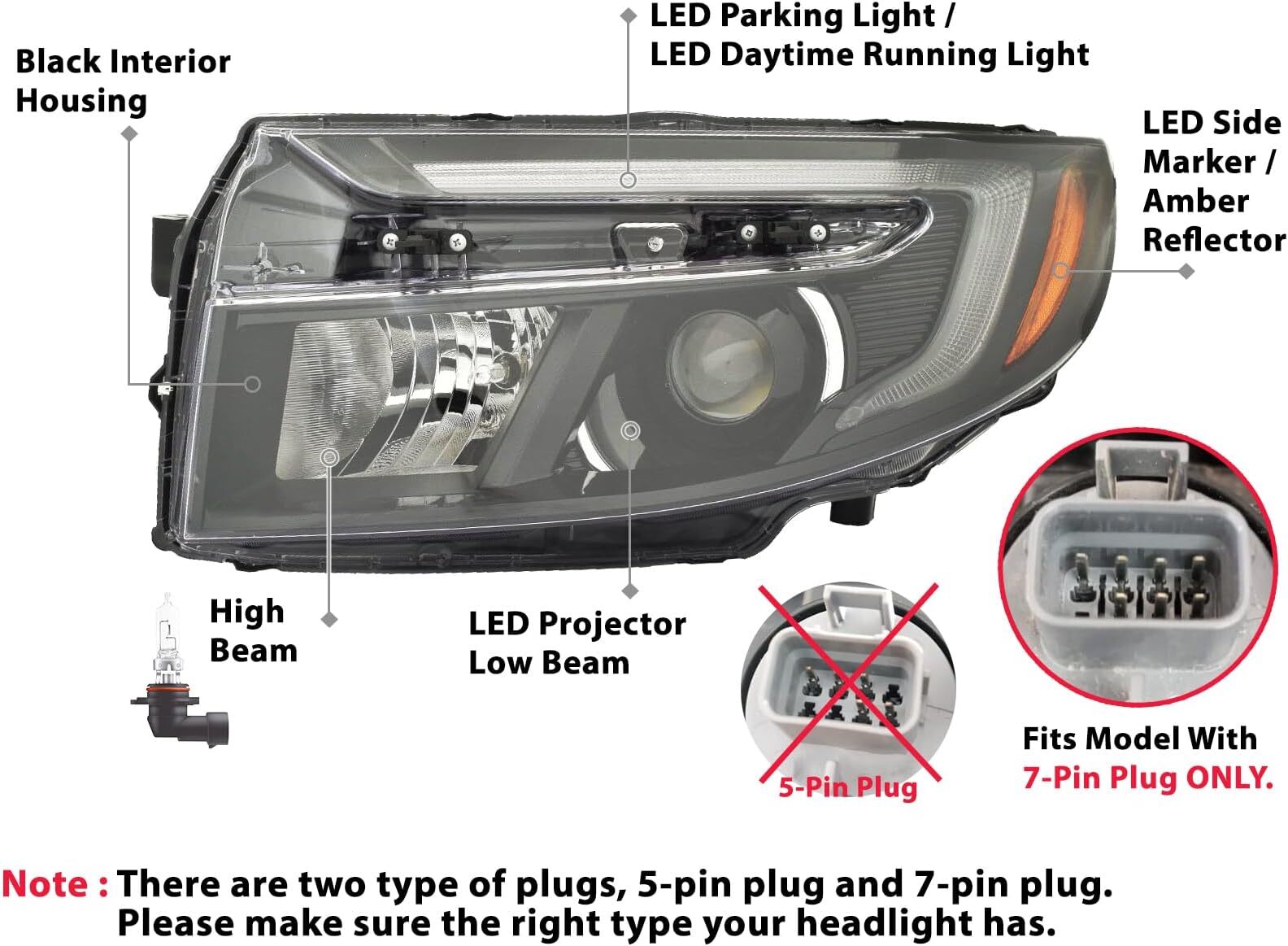 Headlight W/ 7-Pin Plug for Honda Ridgeline Passport 2021-2023 Left Driver Side