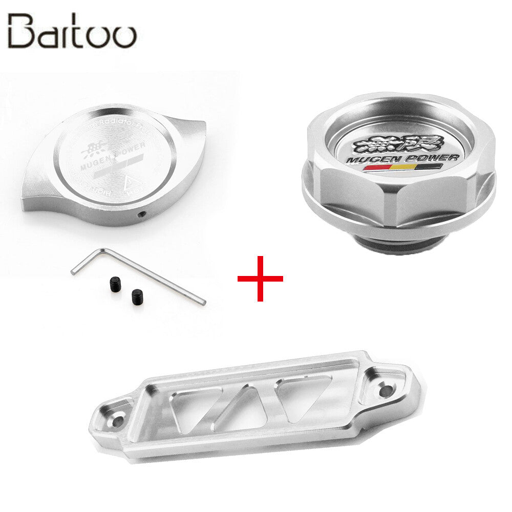 Silver JDM Engine Oil Filler Cap +Radiator Cap +Battery Tie Down Q