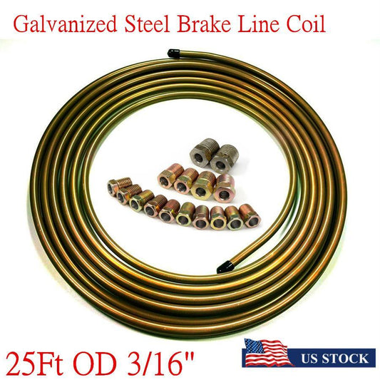 Zinc Steel Brake Line Tubing Kit 3/16 Inches OD 25 Ft Coil Roll  16Pcs Fittings Q