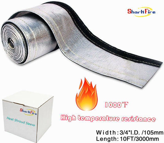 Heat shield, aluminum-coated tubing, flexible conduit, wire protection, 10-foot hook and loop.