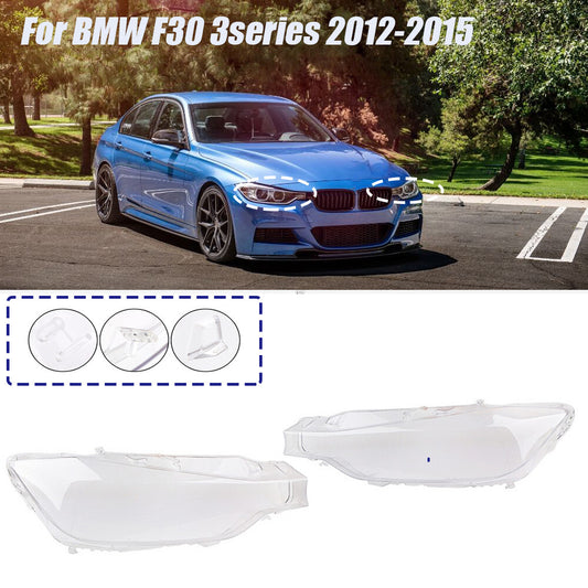 pair of headlight lens covers suitable for BMW F30, F31, and 3 Series models from 2013, 2014, and 2015.