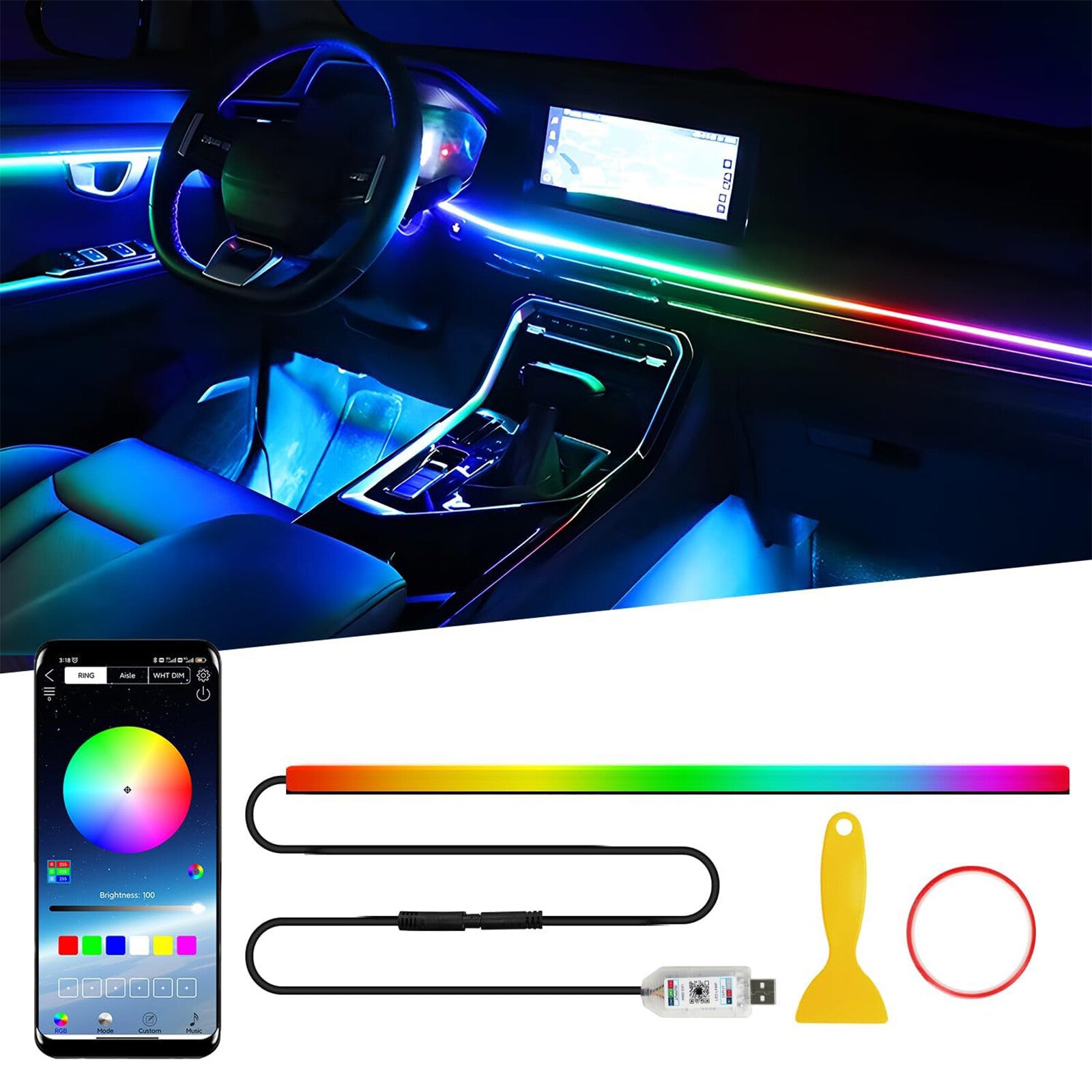 Music Rhythm Lights Wireless Under Dash Car Interior Atmosphere Strip Neon-Light