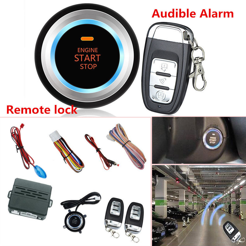 Car alarm system with safety button remote engine start lock + LED sensor lights - n