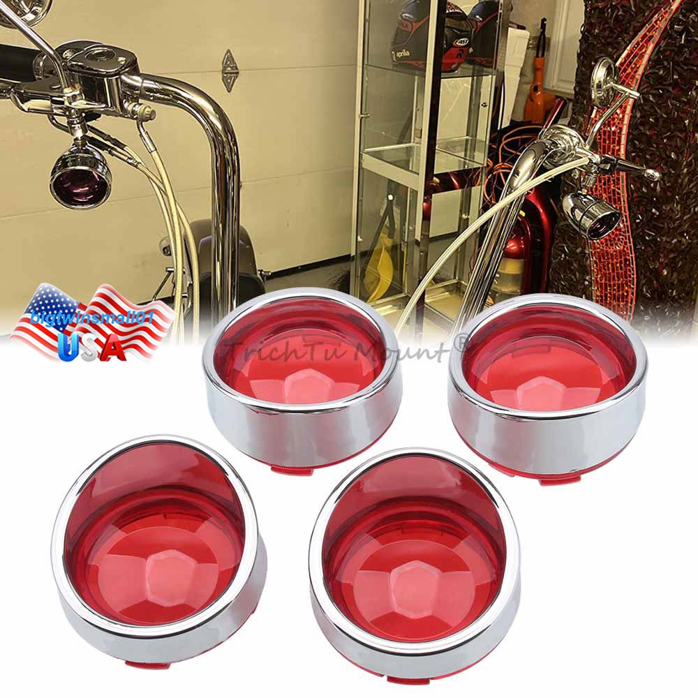 for Harley Softail Dyna 4PCS Red Lens Turn Signal Covers w/Chrome Visors Bezels Q