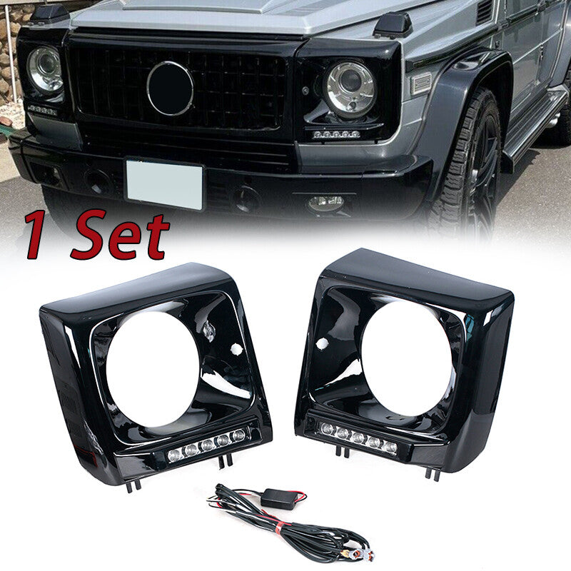 Pair Black Headlight Bezel For 1990-2018 for Mercedes W463 G63 Wagon G500 w/ LED DRL