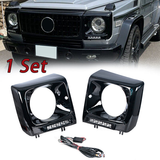 Pair Black Headlight Bezel For 1990-2018 for Mercedes W463 G63 Wagon G500 w/ LED DRL