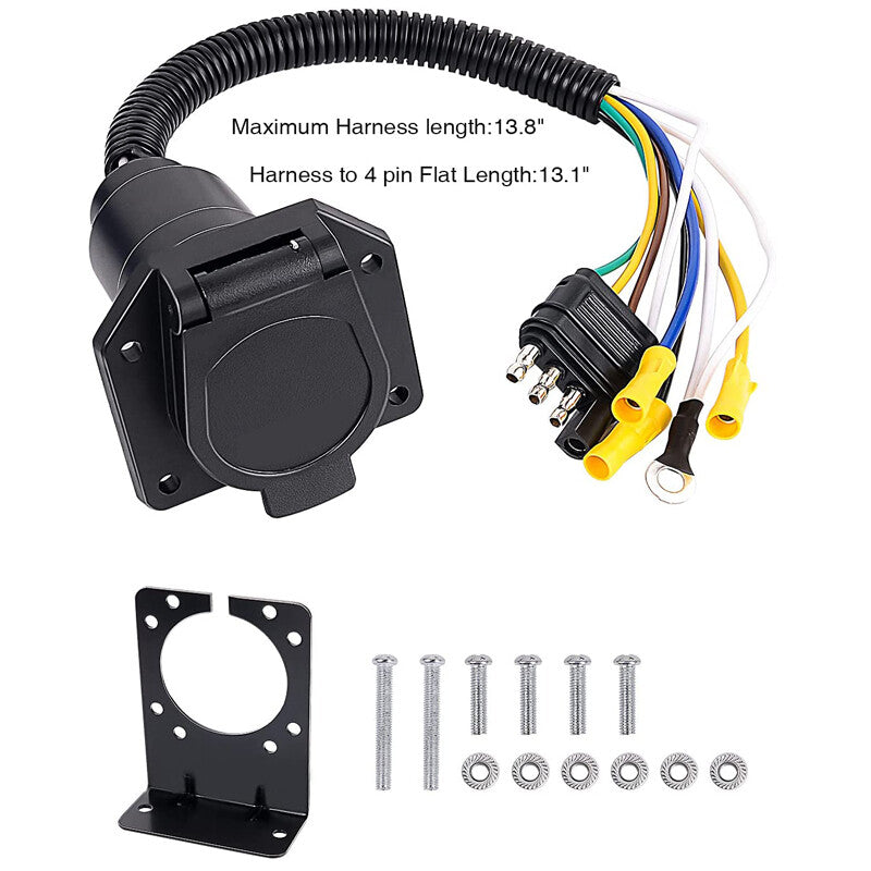 4-way flat to 7-way round RV blade trailer adapter reverse plug with bracket kit n
