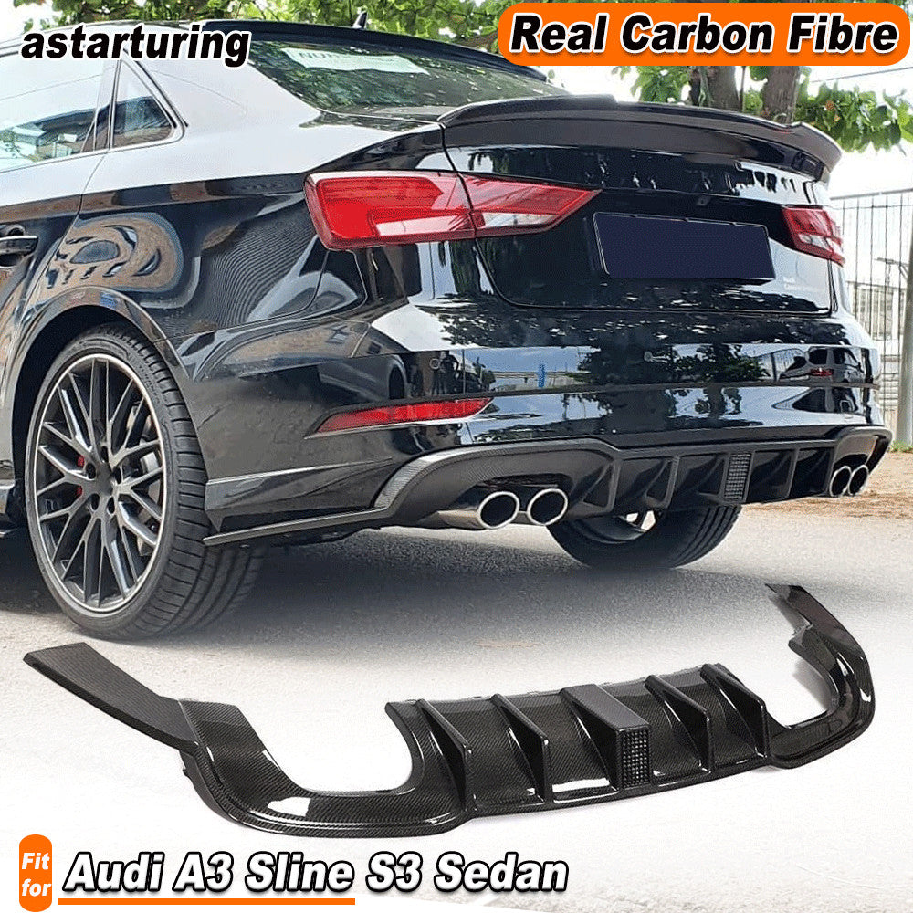 for Audi A3 Sline S3 Sedan 2017-20 REAL CARBON Rear Bumper Diffuser Lip W/Light