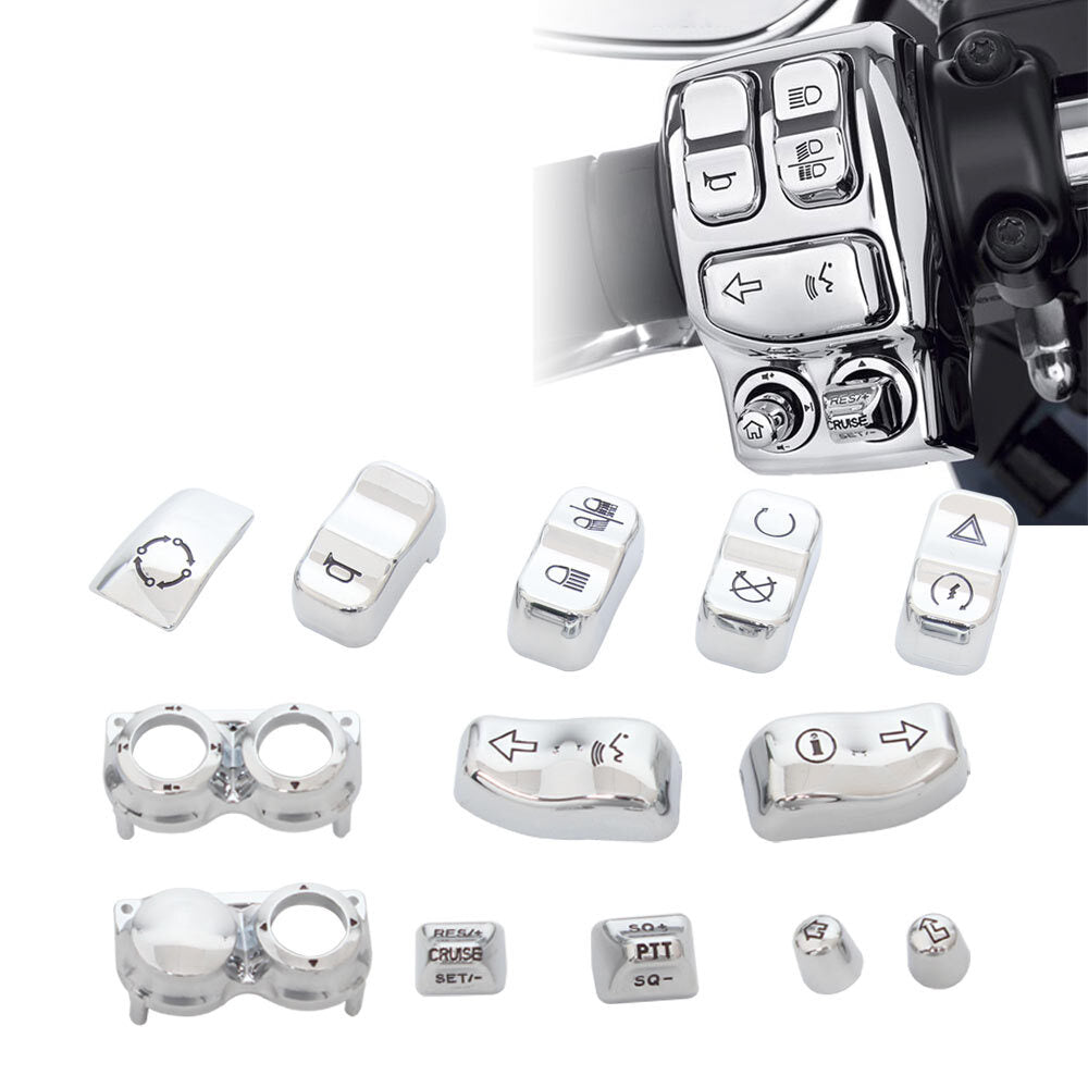 13PCS Chrome Hand Control Switch Housing Button Cover Cap Fit for Harley 2014-UP Q
