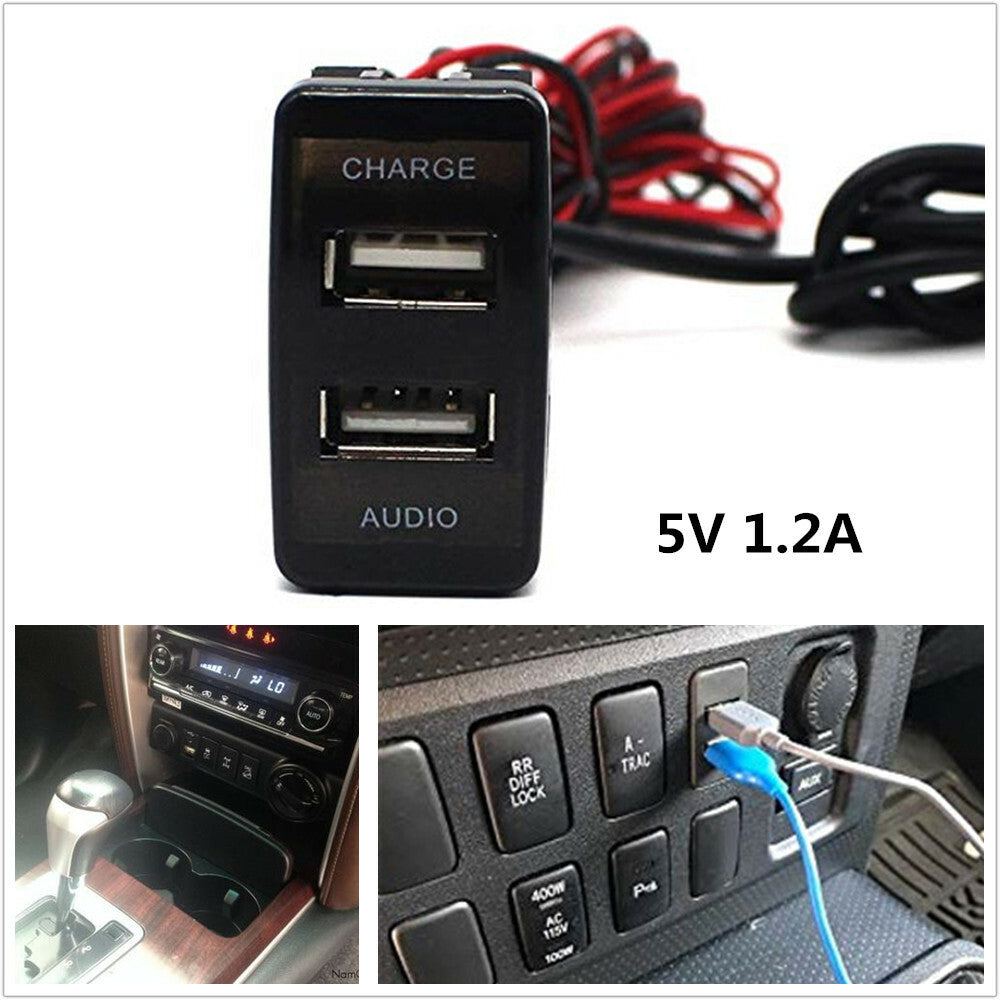 12V/24V input car 2.1A dual USB socket dashboard mobile phone charger audio port - n