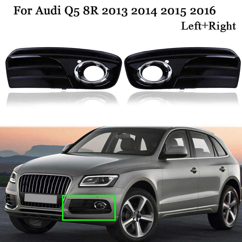 2-piece front bumper fog light protector frame and side grille cover for 2013-17 for Audi Q5, black.