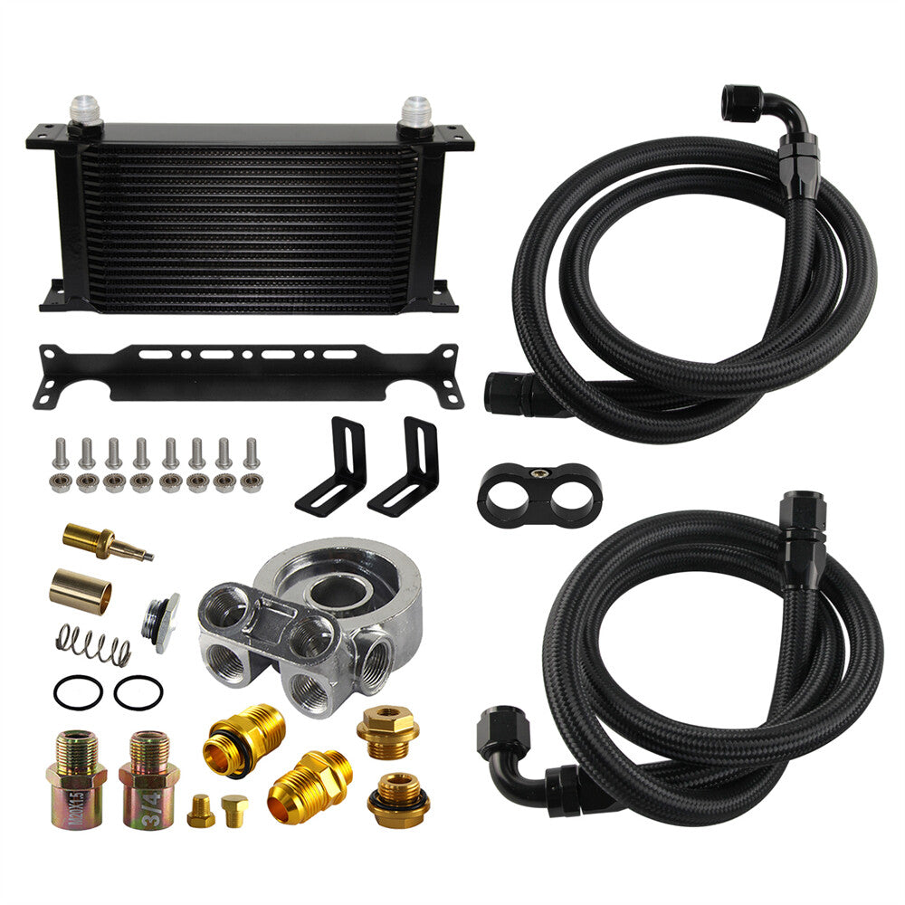 Universal 19 Row Oil Cooler Kit Thermostat Adapter 3/4 x16UNF +Braided Hose Line