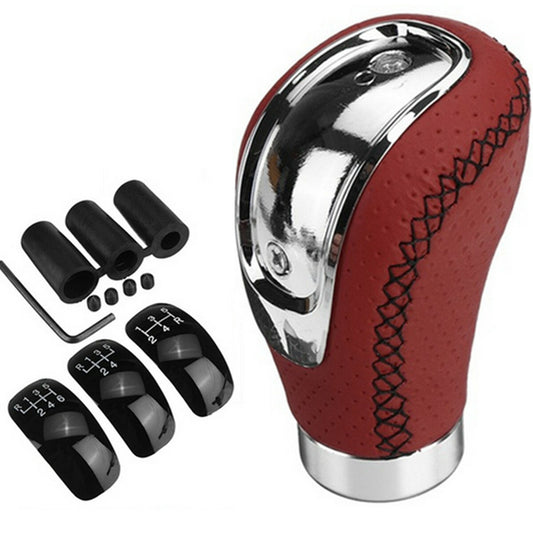 Red Leather Car Gear Shift Knob 5/6 Speed Shifter Lever W/Replaceable Cap Cover