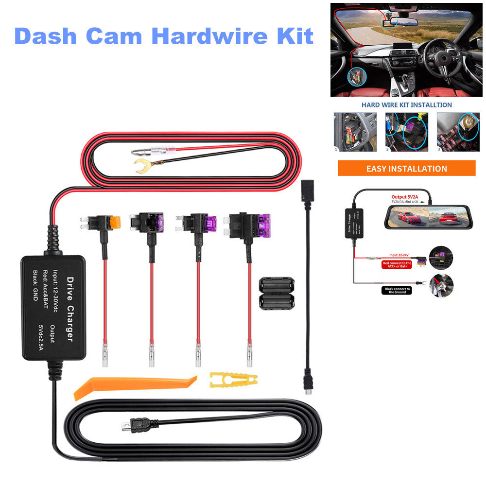 Dash Cam Hardwire Kit 12V-24V to 5V Dashcam Step-Down Wiring with Fuse n