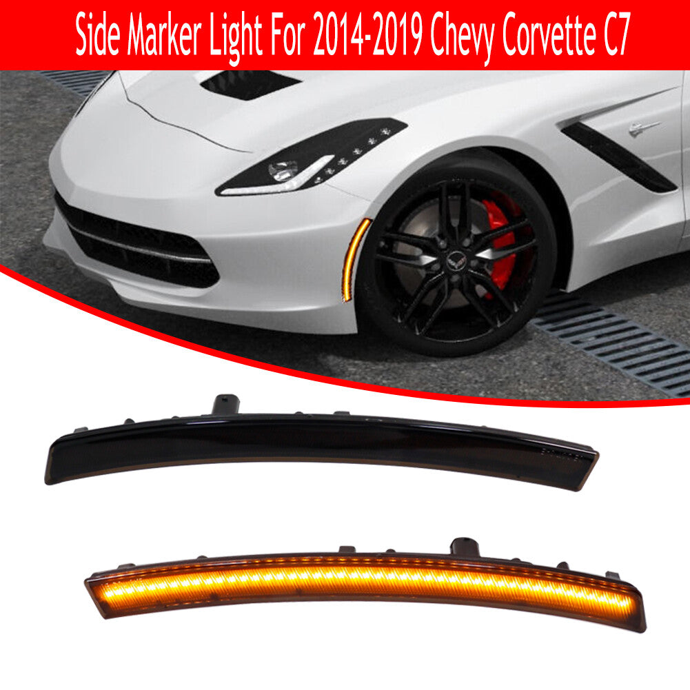 For 14 - 19 for Corvette C7 Smoked Lens Front Bumper Amber LED Side Marker Lights - v