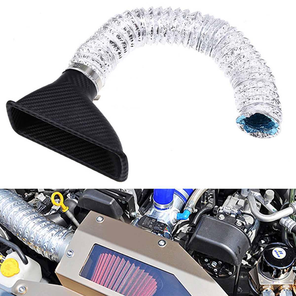 Car Air Funnel Racing Front Bumper Turbine Inlet Pipe Kit Carbon Fiber Look ABS