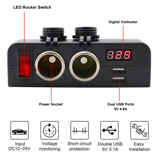 12V/24V vehicle/truck charger socket, dual USB ports, voltmeter, fast charging switch - n