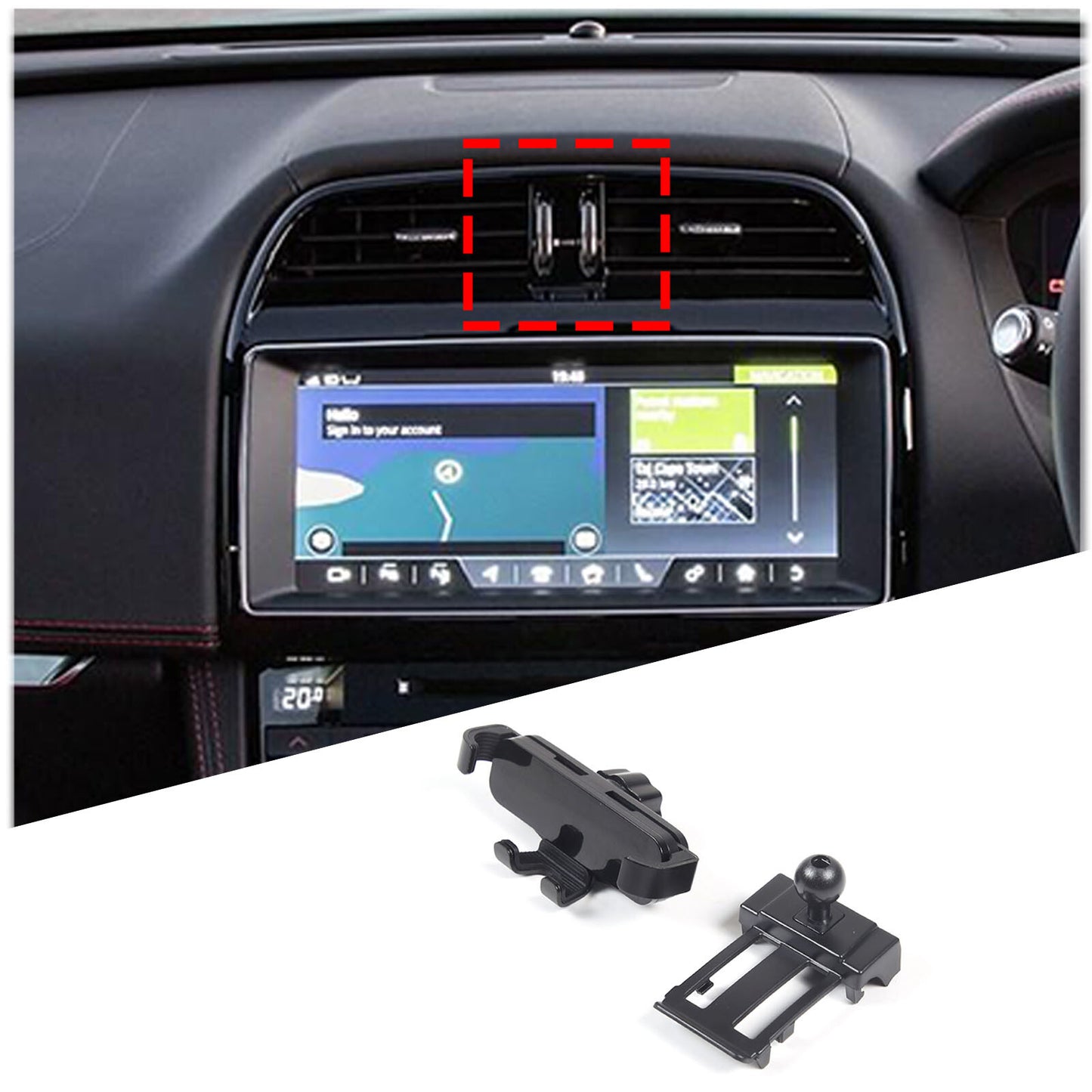 Gravity-controlled centrally controlled phone holder with American flag design for Jaguar XEL, XE, and F-PACE (2015-2020). n