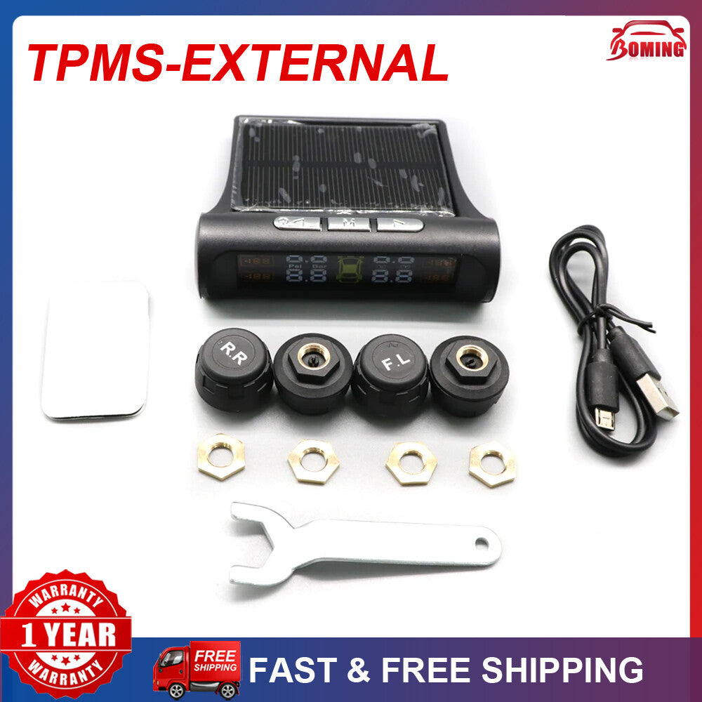 Tire Pressure Monitor System External TPMS Sensor USB+Solar Wireless Car LCD w/4 Q