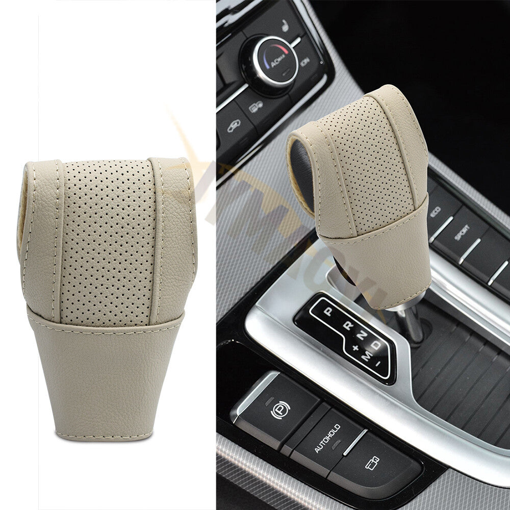 Beige Gear Shift Knob Lever Cover Universal Car Non Slip PU Leather Protector Q