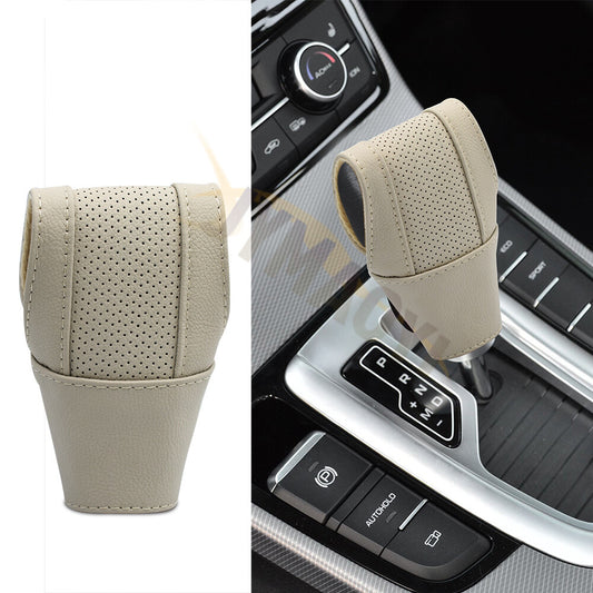 Beige Gear Shift Knob Lever Cover Universal Car Non Slip PU Leather Protector Q