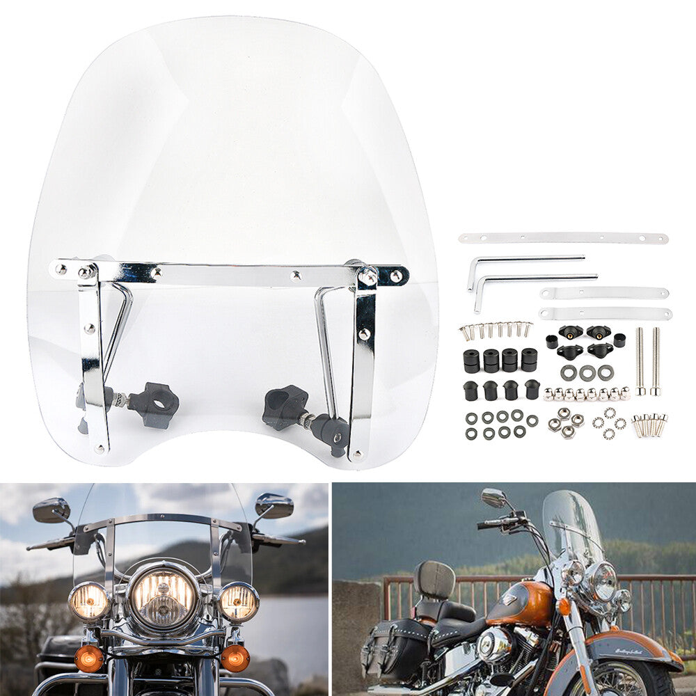 Universal large windshield hardware for motorcycles with 7/8  1 inch handlebar windshields