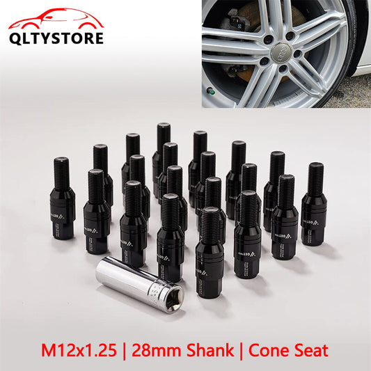 20x M12x1.25 Wheel Lug Bolt 28mm Shank Cone for Seat Stud for Most Aftermarket Black Q