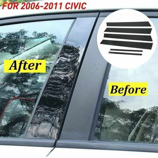 for Honda for Civic 06-11 Piano Black Pillar Posts Door Window Molding Strip Trim 6P