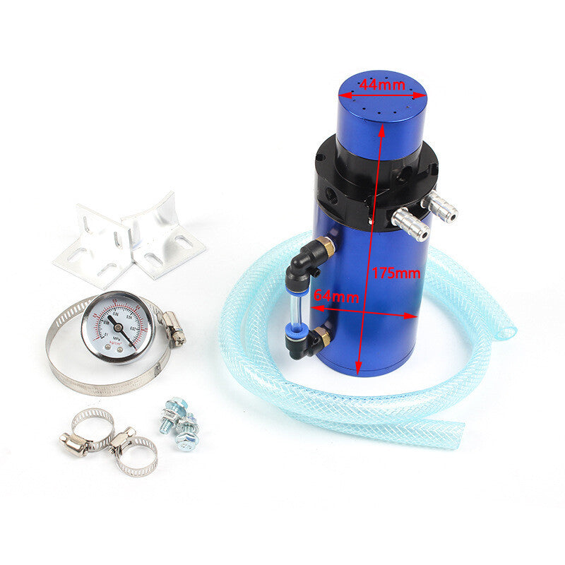 7 X 2.5 Aluminum Engine Oil Catch Reservoir Breather Tank/Can+ Gauge Blue