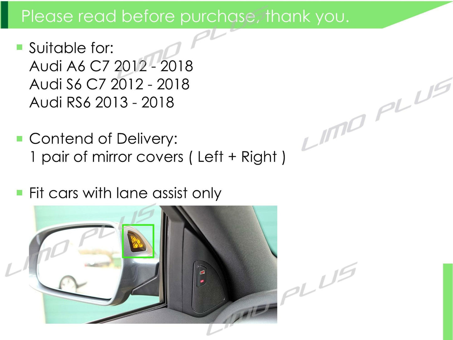 Carbon fiber mirror caps with lane assist for Audi for A6,C7, S6, RS6 12-18 Q