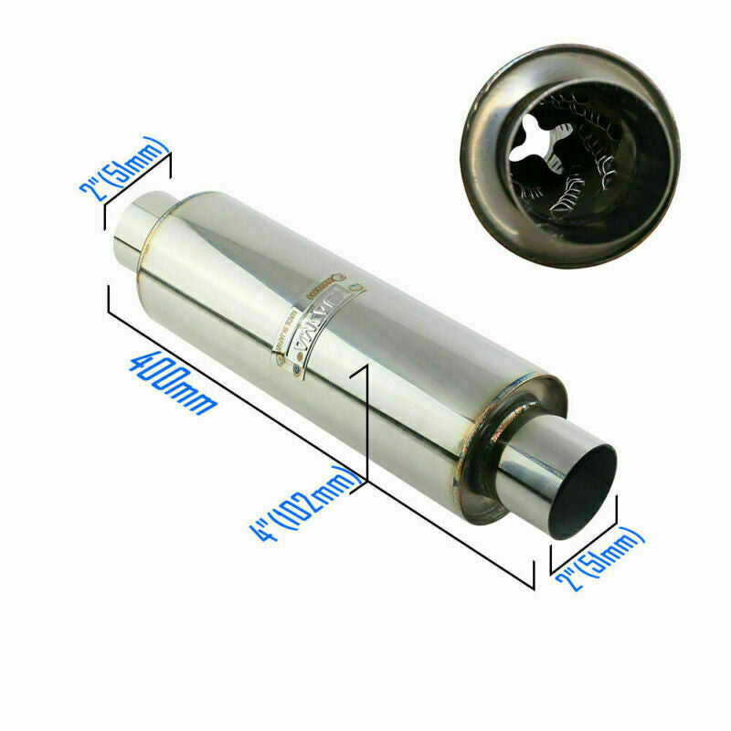2inch IN/OUT 4 Body Exhaust Silencer Resonator Muffler Slow Flow Spiral Tip